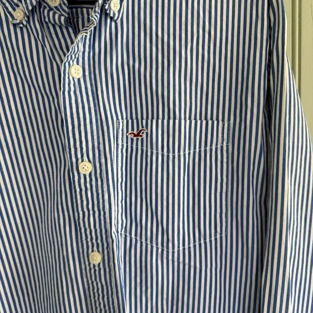 Y2K Hollister Shirt Mens XXL Long Sleeve Button Front Pocket Logo Blue White - Picture 2 of 4